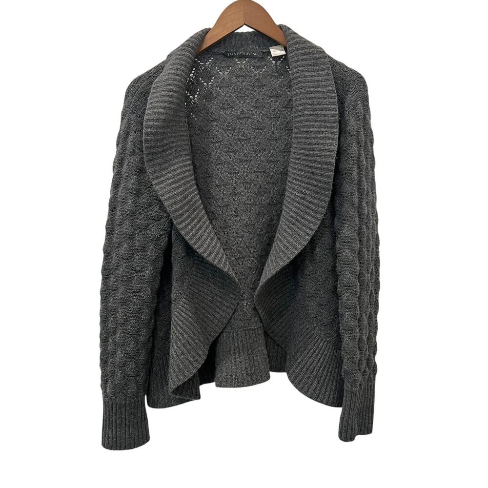 Saks Fifth Avenue Sweater Cardigan Womens L Gray Cashmere Open Knit Shawl Collar